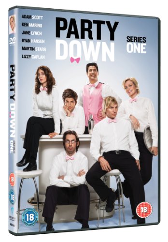 "Party Down Season 1 DVD case featuring six actors in white shirts and black pants."