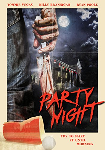 Horror movie poster: hand holding bloody knife, house, and title "Party Night".