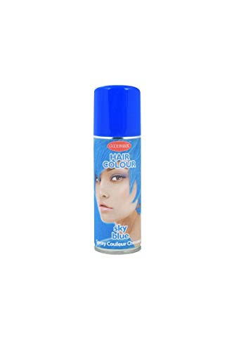 Blue aerosol can of temporary hair colour with a model’s face.