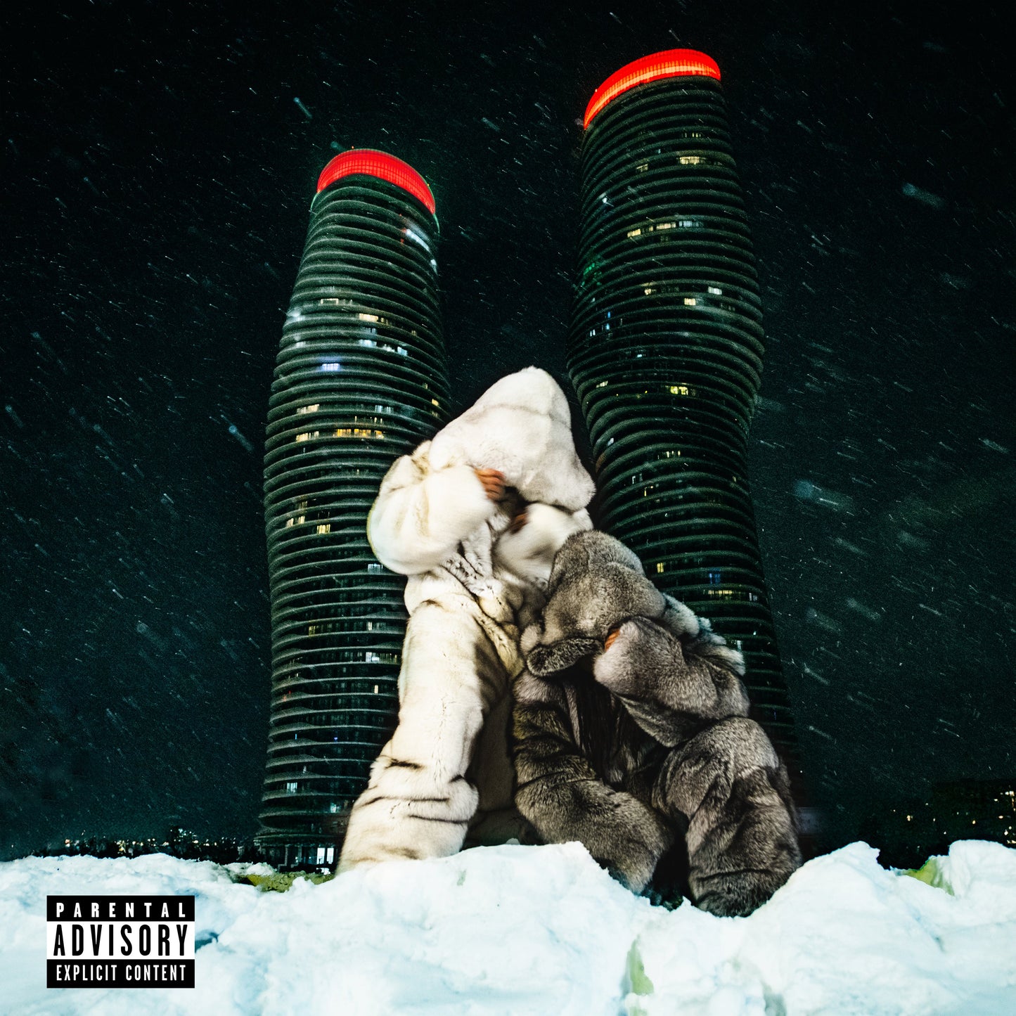 Album cover with two skyscrapers and a teddy bear in snow.