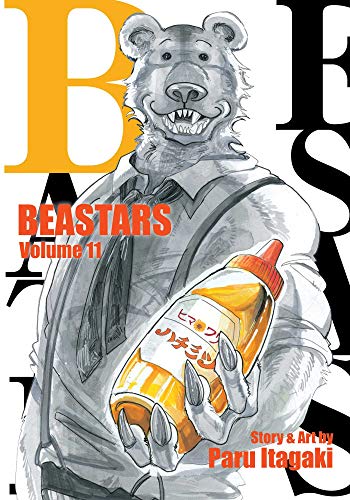 A bear character in a shirt and tie holds a bottle of honey.