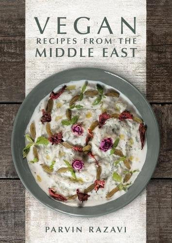 Cookbook cover: "Vegan Recipes from the Middle East" with a food bowl.