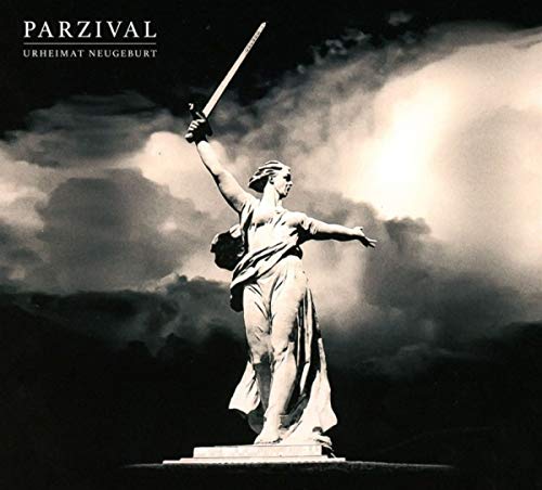 Statue of a woman raising a sword against a cloudy sky.