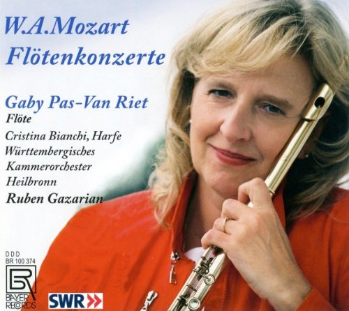 Woman holding a flute, wearing an orange jacket, on a classical music CD cover.
