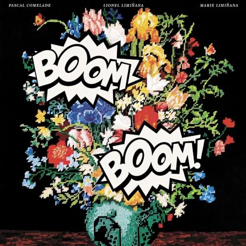 Cross-stitch style bouquet of flowers on black background with two white comic-style BOOM bursts.