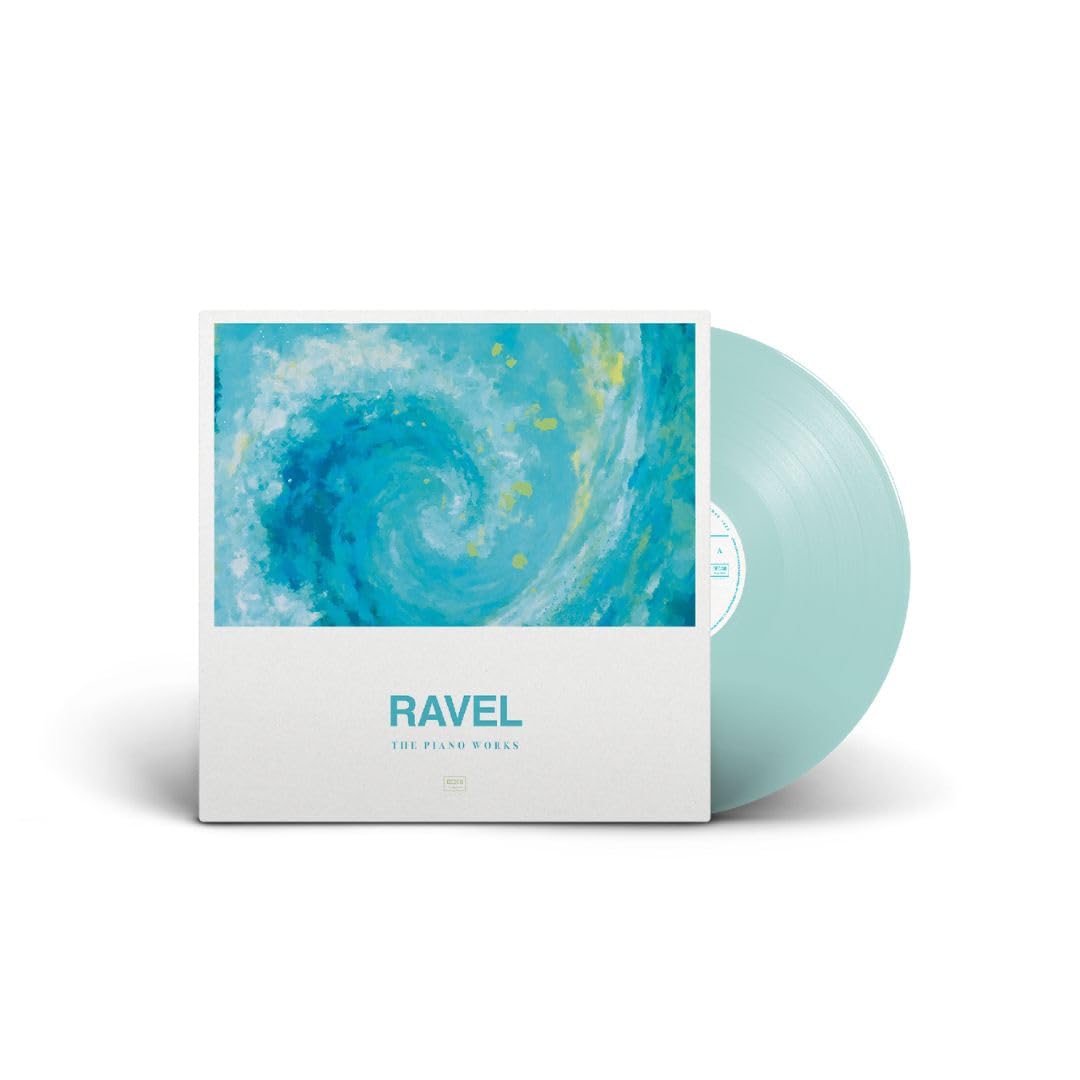 Vinyl record of Ravel’s piano works with abstract blue and green cover art.