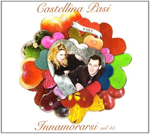 CD cover with a couple surrounded by colorful heart-shaped objects.