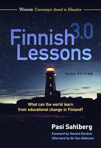 Book cover: "Finnish Lessons 3.0" with lighthouse image.