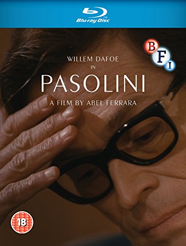 Blu-ray cover for “Pasolini” featuring Willem Dafoe in glasses.