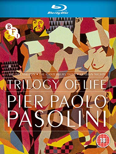 Blu-ray cover for Pasolini’s “Trilogy of Life” with stylized figures.