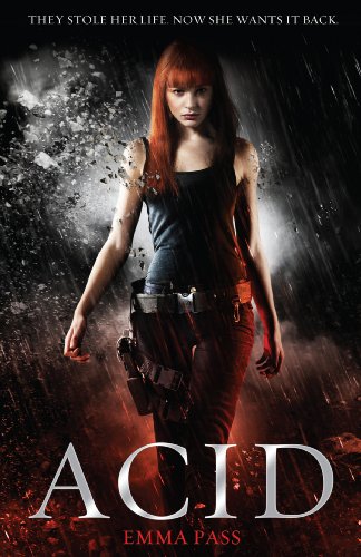Book cover for “ACID” featuring a woman with a weapon, rain, and cracks.