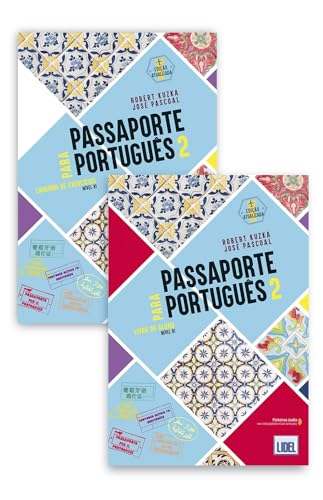 Two Portuguese language textbooks, “Passaporte para Português 2”, with patterned covers.