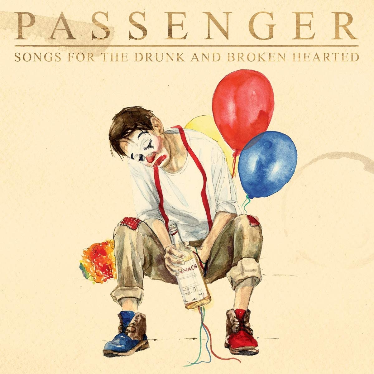 Album cover art featuring a man with painted-on tears, holding a bottle and balloons.