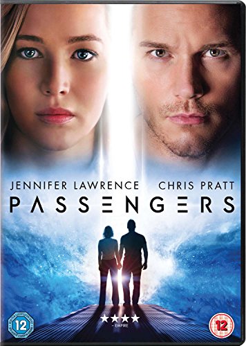 Passengers" DVD cover featuring Jennifer Lawrence and Chris Pratt, with silhouetted figures.