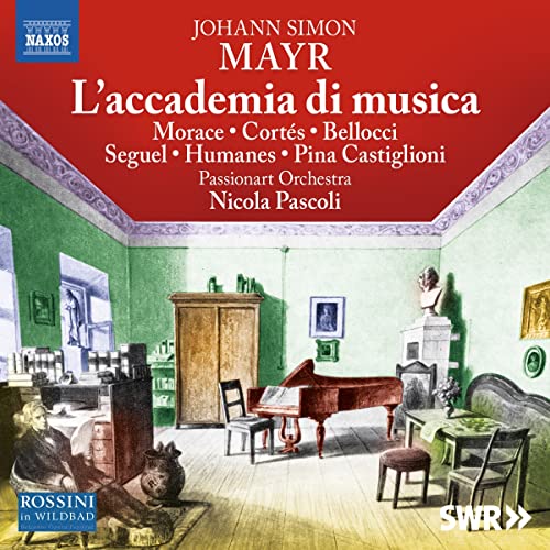 CD cover for Johann Simon Mayr’s “L’accademia di musica” opera, with interior scene.