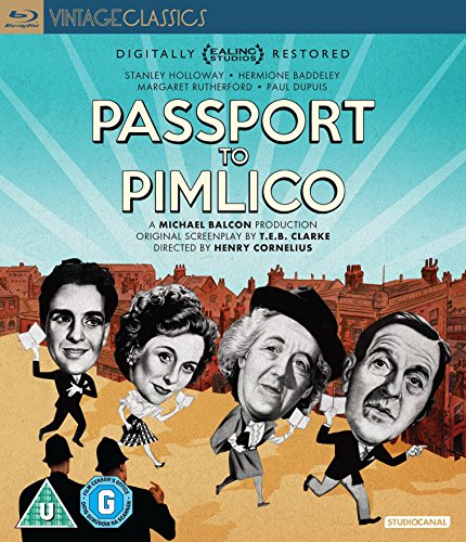 Passport To Pimlico" Blu-ray cover with cartoon portraits and a street scene.