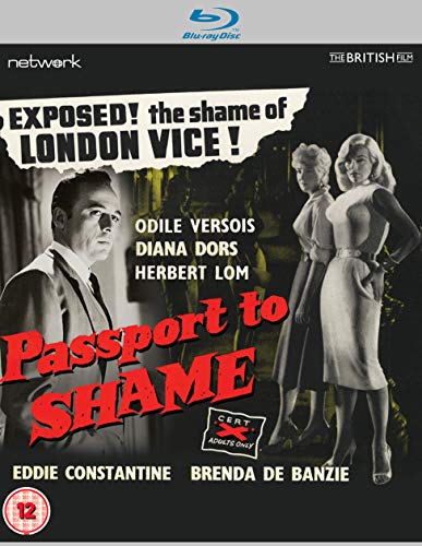 Passport to Shame" Blu-ray cover featuring a black and white film still with actors.