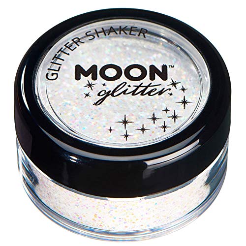A small clear jar of white cosmetic glitter with a black screw-top lid.