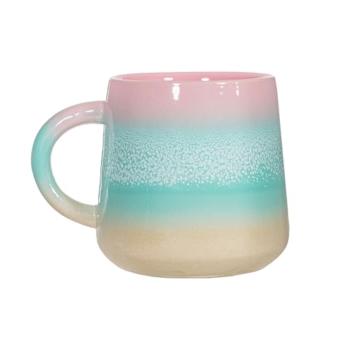 Ceramic mug with a pink, green, and beige ombre glaze and speckled texture.