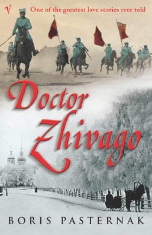 "Book cover of 'Doctor Zhivago' with sepia-toned images of soldiers and a horse-drawn carriage."