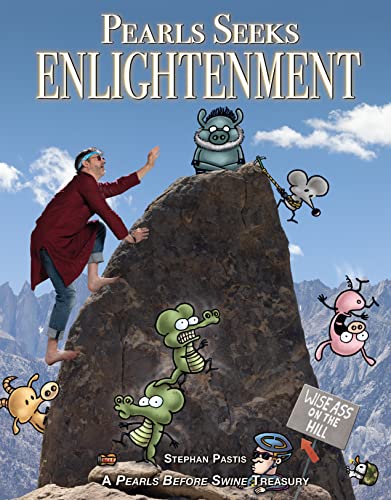 Stephan Pastis climbs a mountain with cartoon characters from Pearls Before Swine.
