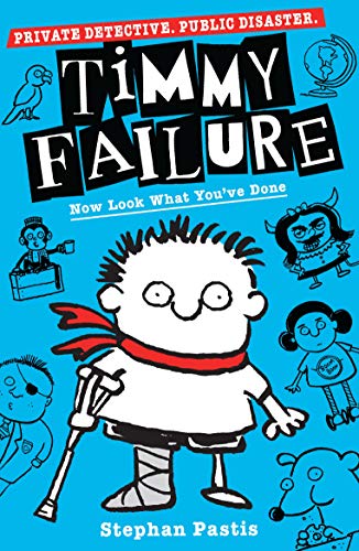 Book cover featuring a cartoon boy with a crutch surrounded by various doodle characters.