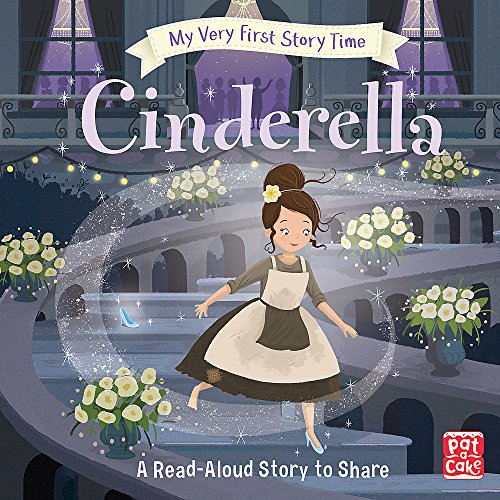 Cinderella in a blue gown running down grand stairs with glass slippers.