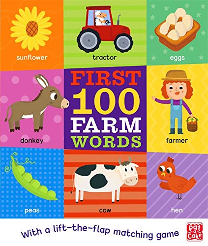 Board book cover with farm animals, tractor, and colorful illustrations.