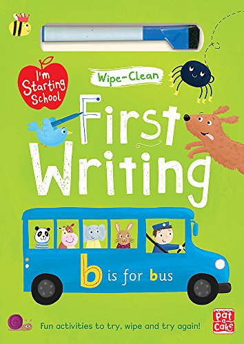 Wipe-clean book cover with blue pen, animals on a school bus, and lettering.