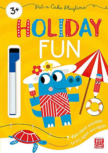 Yellow cover with a cartoon crocodile enjoying holiday activities and a pen.