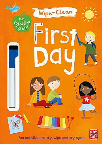 Orange cover with children, a pen, and the title "First Day".