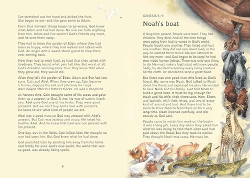 A children's Bible page showing text about Adam, Eve, and Noah's boat with animals.