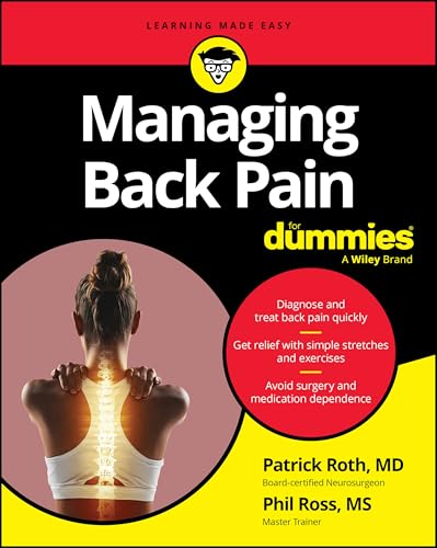 Book cover: "Managing Back Pain For Dummies" with a woman’s spine illustration.
