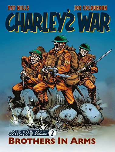 Comic book cover: soldiers in orange uniforms advance through a warzone.