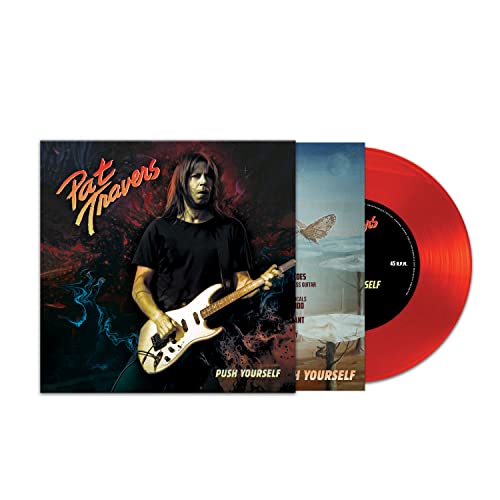 Pat Travers album cover and red vinyl record against a white background.