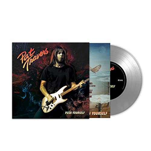 Pat Travers album cover and silver vinyl record against white background.
