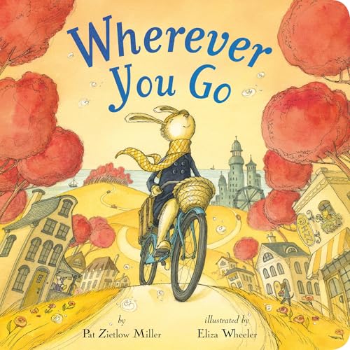 Rabbit in a coat rides a bicycle through a colorful town.