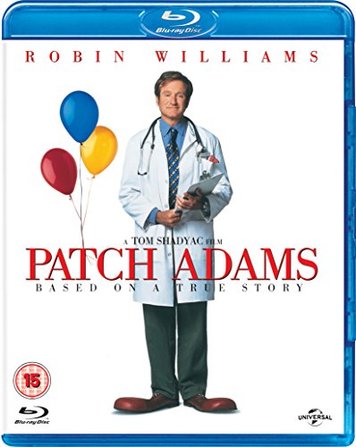 “Patch Adams” Blu-ray cover featuring Robin Williams as a doctor with balloons.