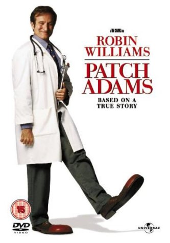 "Robin Williams as Patch Adams in a white lab coat on a DVD cover."