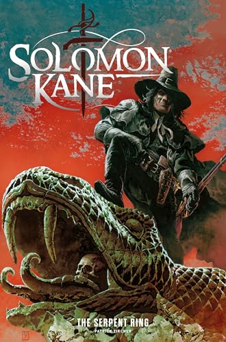 Solomon Kane stands over a serpent’s head, holding a pistol and sword.