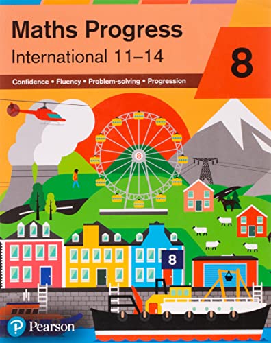 Maths Progress International Year 8 textbook cover with colorful illustrations of a town and landscape.