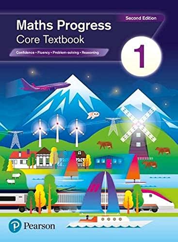 Maths Progress Core Textbook 1 cover with landscape illustration of mountains, wind turbines, and train.