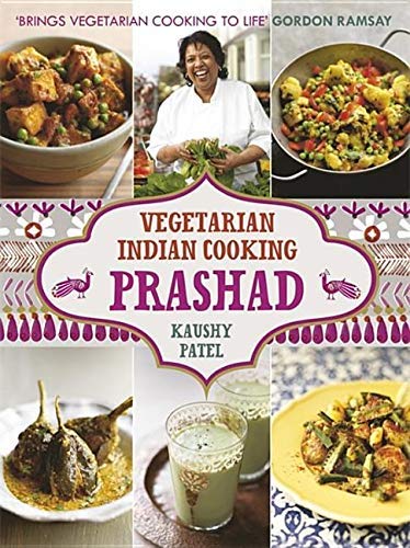 Cookbook cover: “Vegetarian Indian Cooking: Prashad” by Kaushy Patel, with food images.