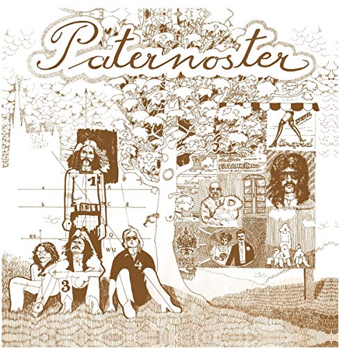 Brown and white ink drawing of band members and collage elements on album cover.