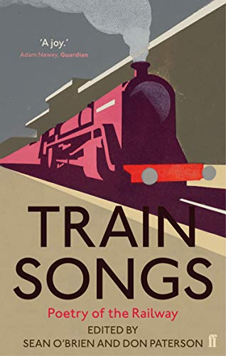 Book cover illustration of a stylized steam train with the title Train Songs.