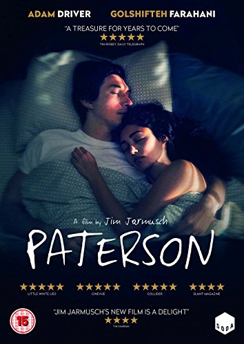 DVD cover for "Paterson" showing a man and woman lying in bed together.