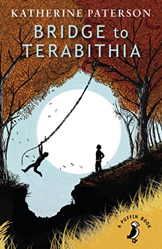 Book cover: Silhouette of two figures by a rope bridge and forest.
