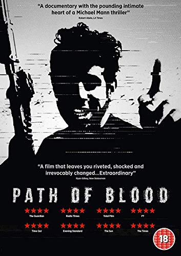 DVD cover for "Path of Blood" with a black-and-white man holding guns, 18 rating.