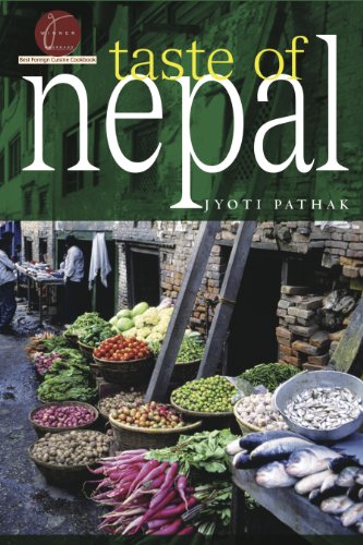 Cookbook cover with a vibrant outdoor market scene in Nepal.