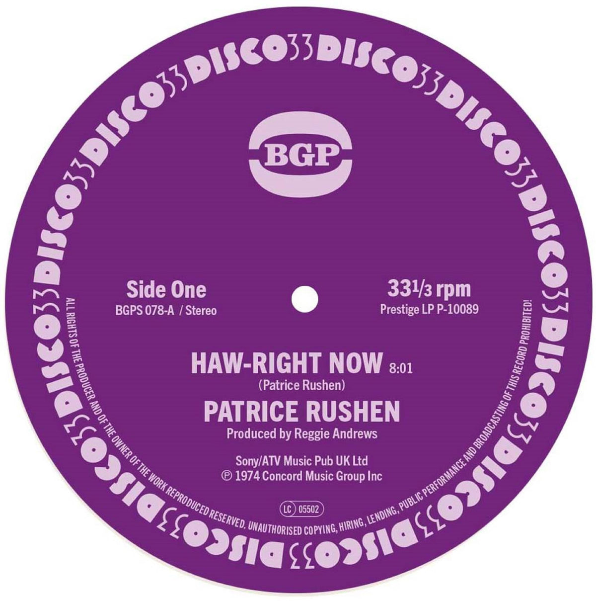 Blue vinyl record label with “Patrice Rushen” and “Haw-Right Now” text.